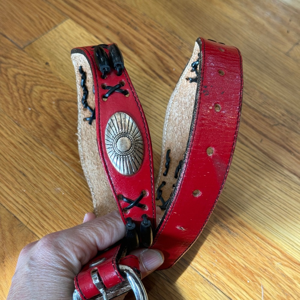 Vintage Style Red Leather Western Concho Belt with Black Lacing and Beads